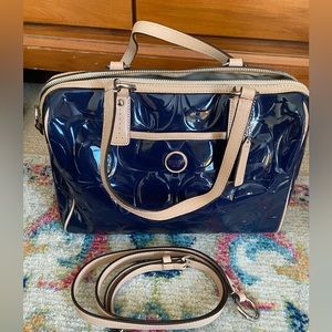 Navy Coach Signature Embossed Patent Satchel with Crossbody Strap
